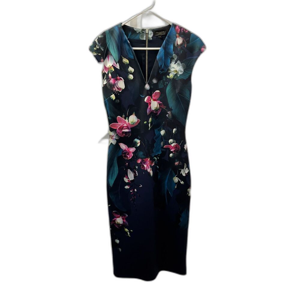 Ted Baker Blue Antonya Floral Midi Bodycon Sleeveless Dress Ted Size 2